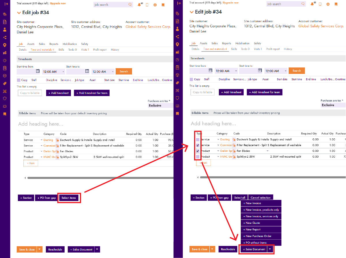 Select Individual Inventory items on a job to send to a sales document