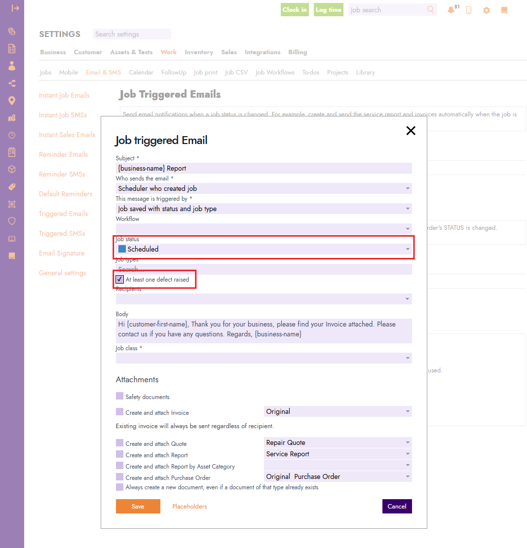 New setting for email trigger based on status and defect raised on jobs