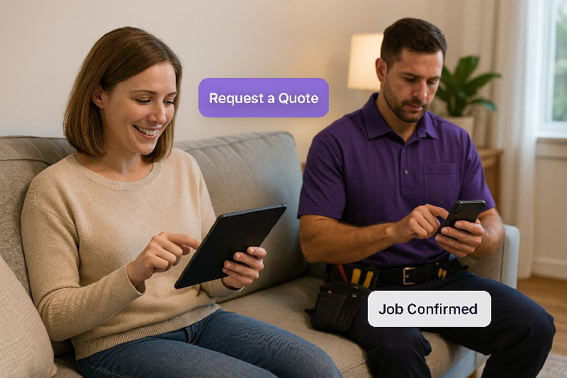 Customer requests a quote on a tablet while technician confirms the job, showcasing field service trends 2025