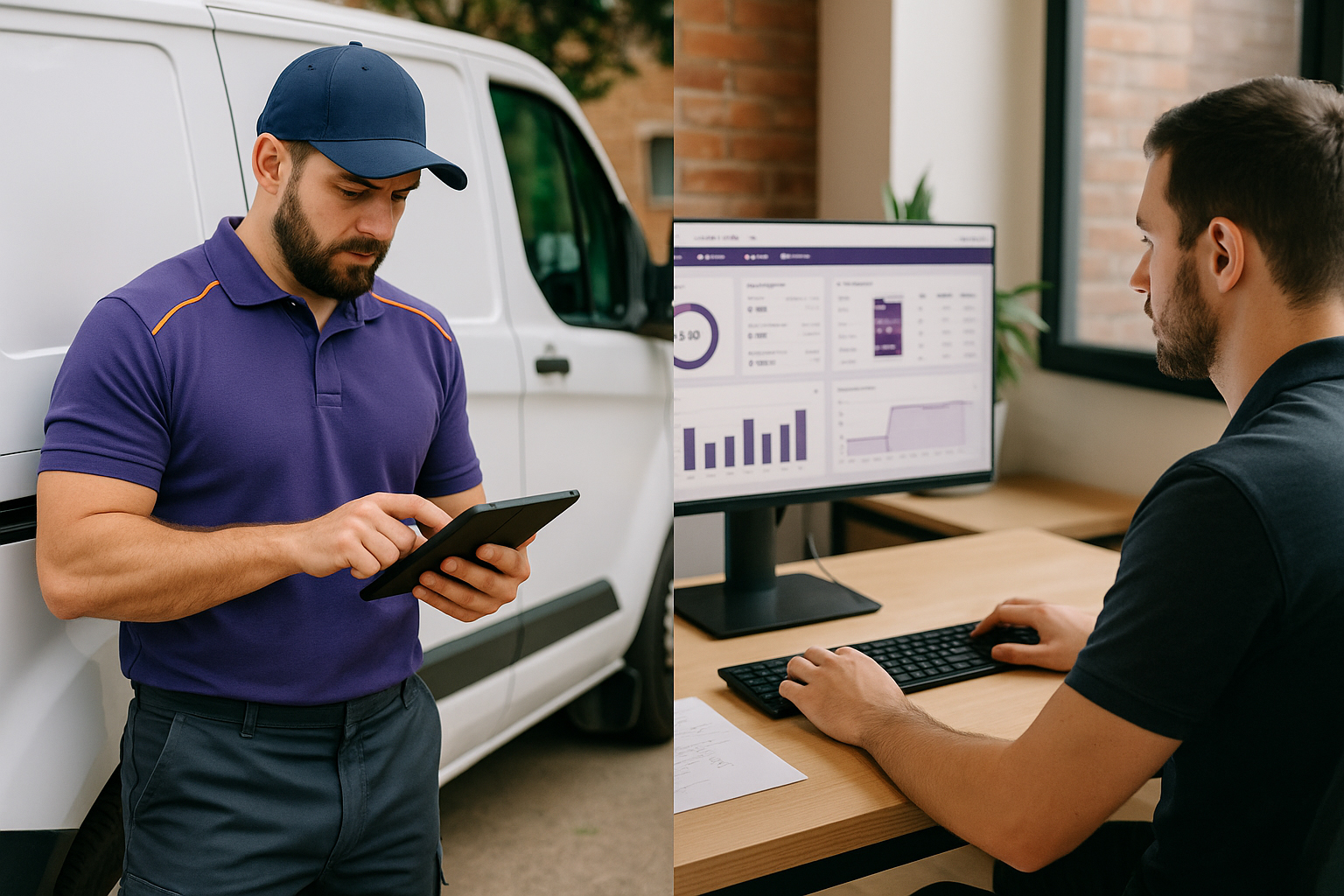 A technician in uniform logs job costing data on a mobile device beside a van while an office staff member simultaneously reviews the incoming information on a computer, representing real-time synchronization between the field and office teams.