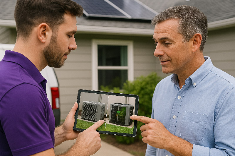 HVAC technician showing homeowner energy-efficient system on tablet, reflecting field service trends 2025