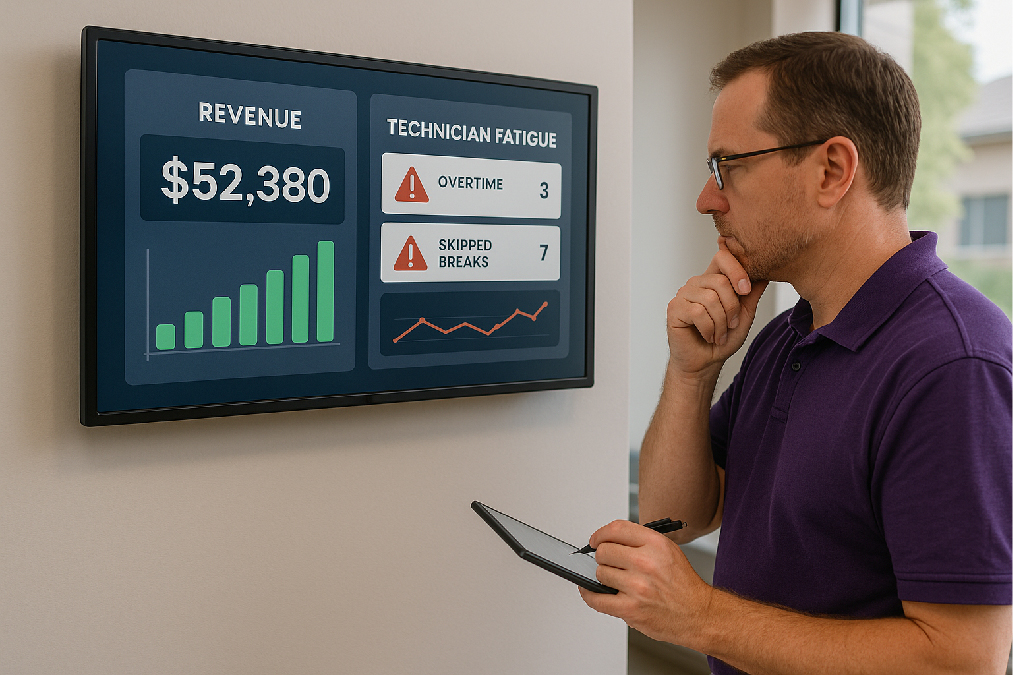 A manager in a purple uniform analyzes a wall-mounted digital dashboard displaying revenue and technician fatigue data, including overtime and skipped breaks—highlighting a data-driven approach to addressing HVAC technician burnout.