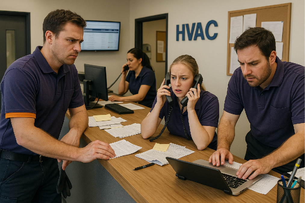 Inside a cluttered HVAC office, a frustrated technician waits at the counter while overwhelmed staff juggle calls, papers, and mismatched schedules—illustrating how disorganisation contributes to HVAC technician burnout.