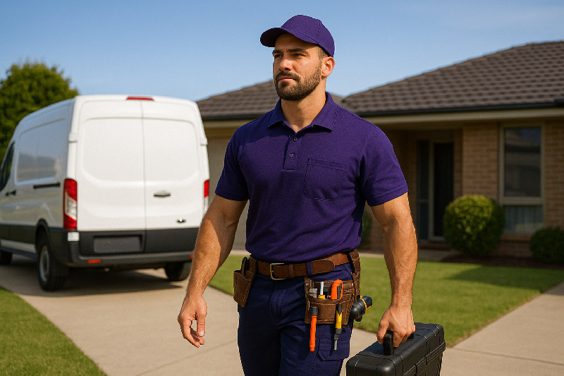 Field service technician in purple uniform walking toward a suburban home, representing field service trends 2025