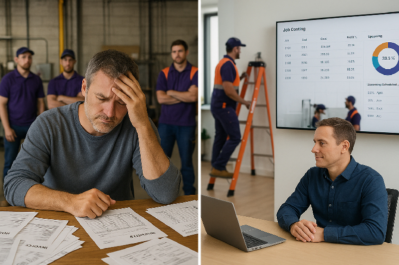 Split image showing one business owner overwhelmed by paper invoices and clutter, while the other works calmly on a laptop. Technicians in high-vis uniforms work in the background, highlighting the contrast between chaotic and efficient job costing practices.