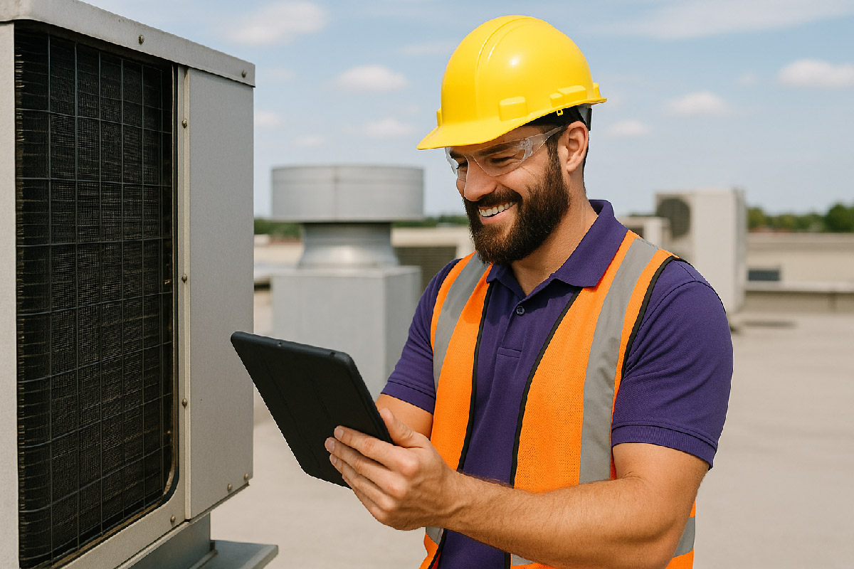 Job Scheduling in action as HVAC technician inspects rooftop unit using checklist on tablet.
