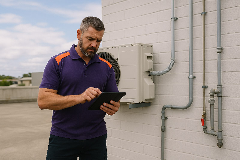 Job Scheduling for HVAC technician reviewing jobs on tablet next to commercial rooftop unit.