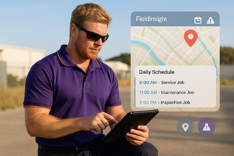Job Scheduling technician using FieldInsight app with daily schedule and map interface on tablet.