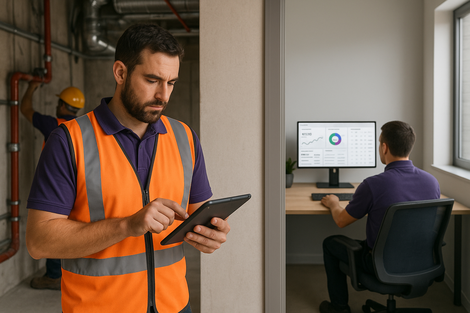 Technician logging job details on a tablet at a job site while an office team member monitors real-time job costing data on a computer dashboard, illustrating the connection between field activity and office-based financial tracking.