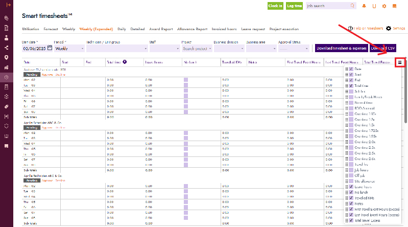 FieldInsight feature update highlighting travel hours and column selection in expanded timesheet settings