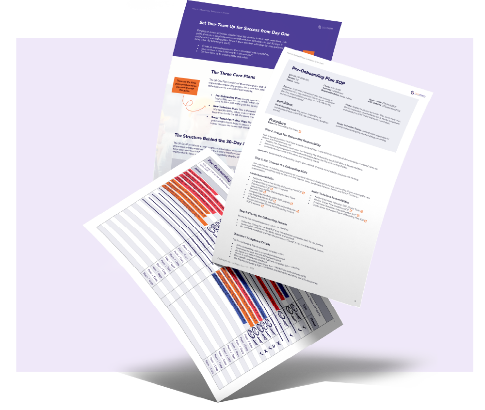 Pages of the lead magnet How to Onboard Technicians in 30 days floating