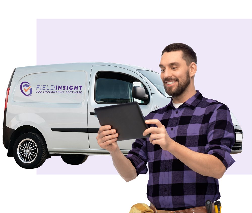 Technician holding a tablet, following instructions with his van behind him