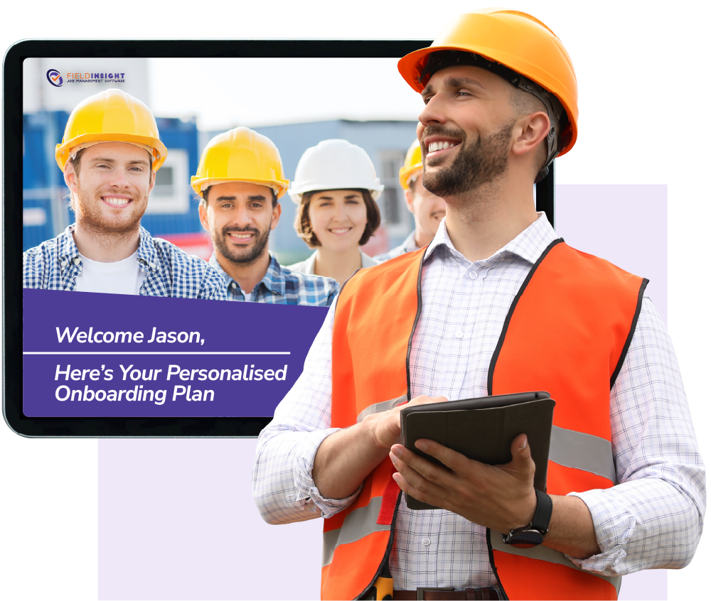 Technician holding a tablet that shows his personalised onboarding plan